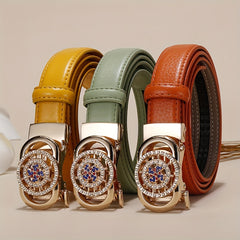 Ladies Leather Belt Leather Automatic Button Leather Fashion Korean Version Of The New Green Jeans Belt With White Decoration