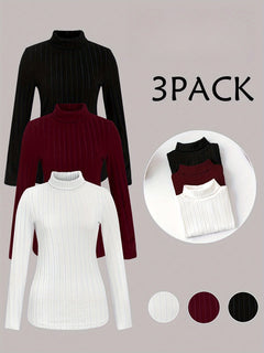 Women's 3pcs Ribbed Turtleneck Long Sleeve Tops - Casual, Stretchy Polyester Blend, Machine Washable - Perfect for Spring & Fall