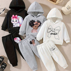 Cozy Girls' 6pcs Hoodie & Sweatpants Set with Cute Cartoon Kitty, Heart & Letter Designs - Perfect for Fall/Winter