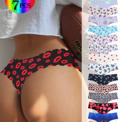 Random 7pcs of printed Women's invisible underwear seamless Women's underwear soft and comfortable one-piece cute butterfly love red lips pattern underwear