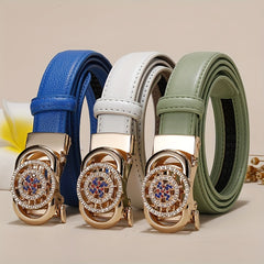 Ladies Leather Belt Leather Automatic Button Leather Fashion Korean Version Of The New Green Jeans Belt With White Decoration