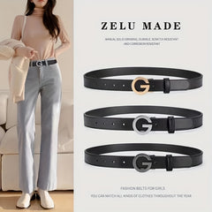 Women's Simple Leather Belt Fashionable G Buckle Solid Color Cowhide Belt Casual Jeans Pants Belt Dress Belt