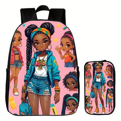 2pcs 3D Printed African Girl Pencil Case Backpack Set, Student School Bag, Girl Shoulder Bag Backpack Pencil Case Two-piece Set