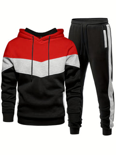 2pcs Comfy Breathable Men's Color Blocking Long Sleeve Hoodie + Sweatpants Slim Co-ord Fitness Set for Training Sports