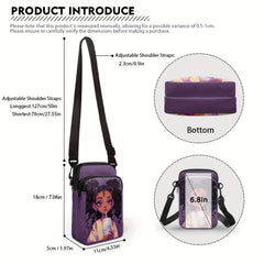 1pc Stylish African Girl Printing Chic Double Layers Crossbody Bag Small Phone Holder Lightweight Adjustable Strap Zipper