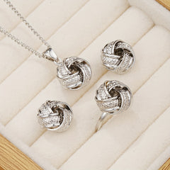 1 Pair Stud Earrings + 1 Pc Necklace + 1 Pc Ring - Elegant Twisted Knot Design Jewelry Set for Women