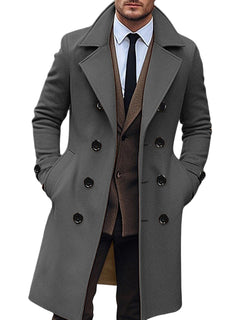 1pc Men's Casual Solid Color Tweed Pea Coat - Long Sleeve, Double Breasted, Polyester Knit Fabric, Lapel Collar, Button Closure, Non-Waterproof, Sports Style, Midi Length, Fall/Winter Outerwear