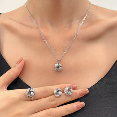 1 Pair Stud Earrings + 1 Pc Necklace + 1 Pc Ring - Elegant Twisted Knot Design Jewelry Set for Women