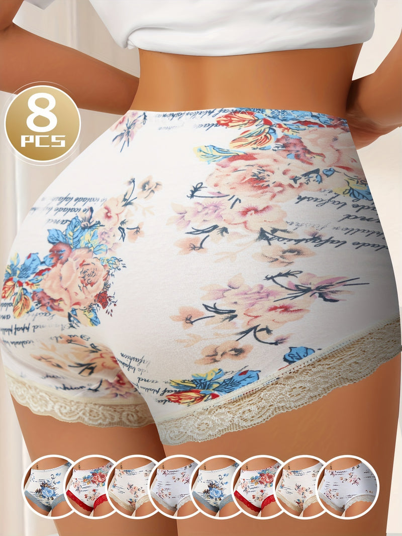 QUASTI 8-Piece Elegant Floral Print Cotton Briefs Set for Women - Mid-Rise, Lace Trimmed, Knit Fabric, Soft Breathable Underwear Collection