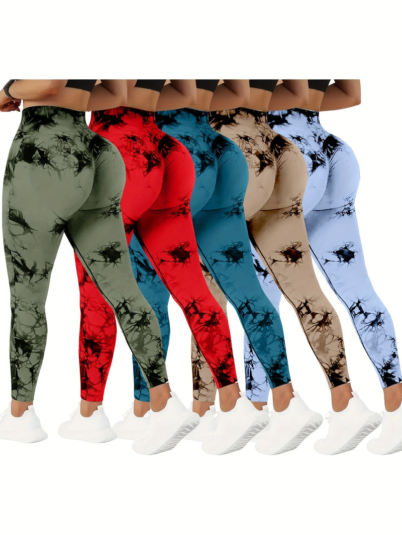 5-Pack High Waist Tummy Control Yoga Pants For Women, Summer Tie.Dye Fitness Leggings, Stretchy Running Peach Lift Workout Tights, Assorted Colors