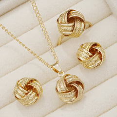 1 Pair Stud Earrings + 1 Pc Necklace + 1 Pc Ring - Elegant Twisted Knot Design Jewelry Set for Women