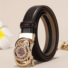 Ladies Leather Belt Leather Automatic Button Leather Fashion Korean Version Of The New Green Jeans Belt With White Decoration