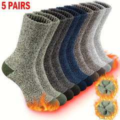 5 Pairs Men's Winter Thickened Fleece Warm Crew Socks, Polyester and Spandex Knit Fabric, Solid Color, Breathable Moisture-Wicking, Non-Binding Elastic Tube Socks