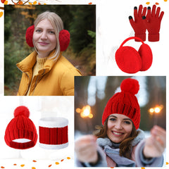 4pcs Winter Accessories Set for Women - Polyester Knitted Beanie Hat with Pompom, Ear Warmers, Touch Screen Gloves, and Scarf - Skiing and Outdoor Sports Warm Set