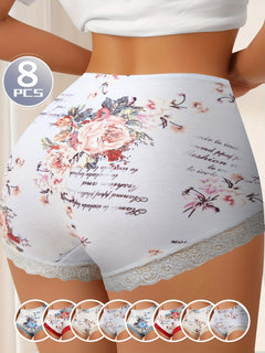 QUASTI 8-Piece Elegant Floral Print Cotton Briefs Set for Women - Mid-Rise, Lace Trimmed, Knit Fabric, Soft Breathable Underwear Collection