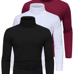 3-Pack Men'S High Neck Long Sleeve T-Shirts - Solid Color Stretch Knit Polyester Base Layer Shirts for Fall/Winter Warmth