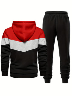 2pcs Comfy Breathable Men's Color Blocking Long Sleeve Hoodie + Sweatpants Slim Co-ord Fitness Set for Training Sports