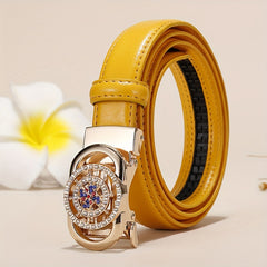 Ladies Leather Belt Leather Automatic Button Leather Fashion Korean Version Of The New Green Jeans Belt With White Decoration