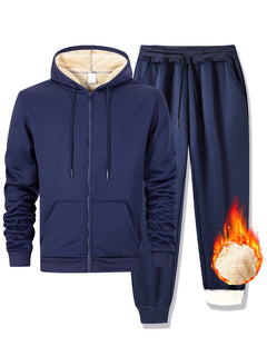 Men's Fleece-Lined Hoodie & Joggers Set - Casual, Warm Outdoor Sportswear with Zip-Up Jacket and Drawstring Pants