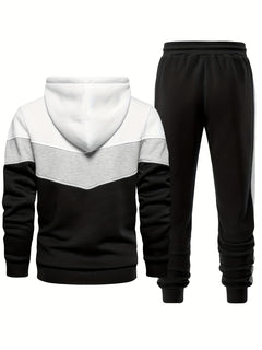 2pcs Comfy Breathable Men's Color Blocking Long Sleeve Hoodie + Sweatpants Slim Co-ord Fitness Set for Training Sports