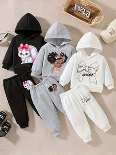 Cozy Girls' 6pcs Hoodie & Sweatpants Set with Cute Cartoon Kitty, Heart & Letter Designs - Perfect for Fall/Winter