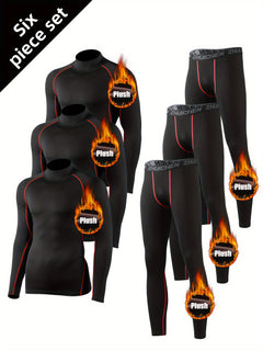 6pcs Men's Fleece-Lined Thermal Activewear Set - Long Sleeve, High Neck Top & Leggings for Running & Gym - Perfect for Fall/Winter