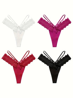 4PCS. Lace Patchwork Seamless Ice Silk Thong, Sexy, Comfortable, Breathable, Elastic Underwear, Women's Underwear, Women's Sexy Lingerie