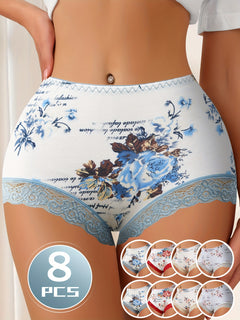 QUASTI 8-Piece Elegant Floral Print Cotton Briefs Set for Women - Mid-Rise, Lace Trimmed, Knit Fabric, Soft Breathable Underwear Collection