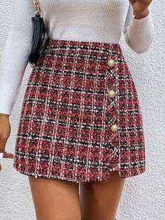 1pc Elegant French-Inspired Women'S Chic Plaid Polyester Skirt with Button Details, Woven Short Length A-Line Fit with Slit, All-Season Fashion Commuter Skirt