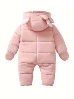 Baby Girls Cute Fleece Warm Hooded Bodysuit With Love Heart Button & Bow Accessories, With Cute Gloves, Suitable For Winter Outdoors