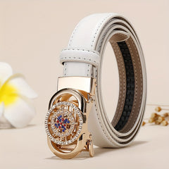 Ladies Leather Belt Leather Automatic Button Leather Fashion Korean Version Of The New Green Jeans Belt With White Decoration