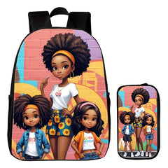 2pcs 3D Printed African Girl Pencil Case Backpack Set, Student School Bag, Girl Shoulder Bag Backpack Pencil Case Two-piece Set