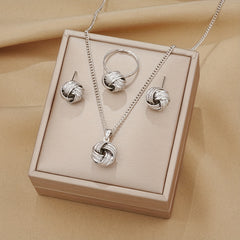 1 Pair Stud Earrings + 1 Pc Necklace + 1 Pc Ring - Elegant Twisted Knot Design Jewelry Set for Women