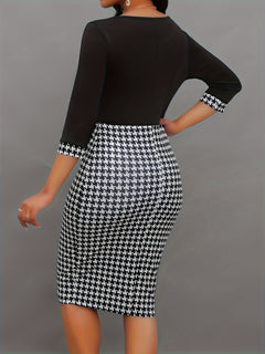 Stunning Houndstooth Print Bodycon Dress - Women's Elegant Half Sleeve Splicing Dresses for Spring & Summer - Chic Clothing for Ladies