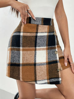 Elegant Women'S Plaid Mini Skirt, 100% Polyester Woven Fabric, with Elastic Back Design and Button Detail, for Fall/Winter