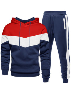 2pcs Comfy Breathable Men's Color Blocking Long Sleeve Hoodie + Sweatpants Slim Co-ord Fitness Set for Training Sports