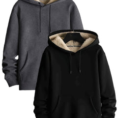 2pcs Unisex Casual Hooded Sweatshirts, Polyester Knit Fabric, Solid Color Pullover Hoodies, with Fleece Lining and Kangaroo Pocket, for Fall/Winter