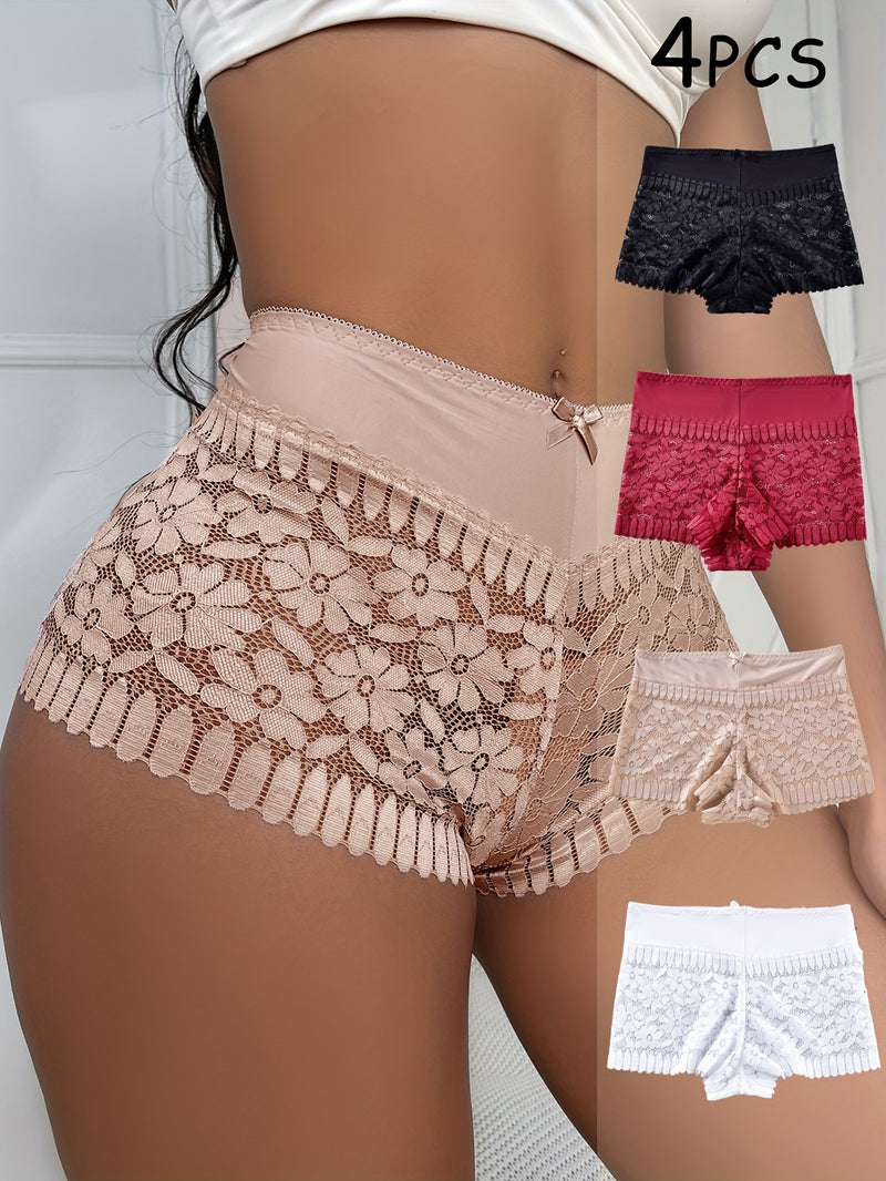 4pcs Women's Autumn and Winter Flat Leggings Lace Shorts Hollow Breathable Lace Lingerie Pants Women's Lingerie Set