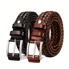 2-Pack Men's Vintage Genuine Leather Woven Belts with Alloy Square Buckle, Casual Sports Style, Hollow Design, Ideal for Jeans and Pants - Gift Suitable