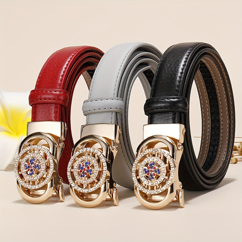 Ladies Leather Belt Leather Automatic Button Leather Fashion Korean Version Of The New Green Jeans Belt With White Decoration