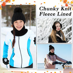 4pcs Winter Accessories Set for Women - Polyester Knitted Beanie Hat with Pompom, Ear Warmers, Touch Screen Gloves, and Scarf - Skiing and Outdoor Sports Warm Set