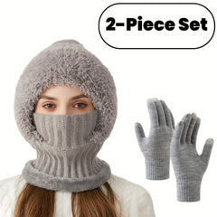 2pcs Women's Fleece Warm Hat and Glove Set, Knitted Fleece Hat with Fur Ball, Touch Screen Gloves, Winter Accessories, Suitable for Winter Outdoor