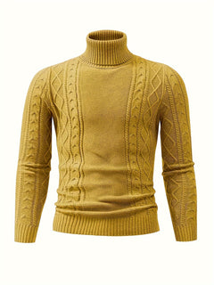 Soft Viscose Blend Men's Long Sleeve Turtleneck Sweater, Regular Fit Solid Color High Collar Knitwear with Ribbed Knit Pattern Design