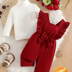 2PCS Baby Girl's Stylish Set For Spring/Autumn, Ribbed Turtleneck Top & Ruffle Bowknot Strap Overalls Set, Cute Style