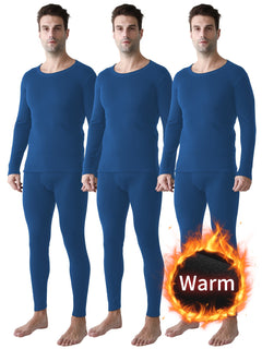 3-Pack Men'S Winter Warm Thermal Underwear, Crew Neck Solid Color Knit Polyester 95% Elastane 5% Base Layer, Regular Fit, Thick