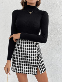 Plaid Pattern Button Front Mini Skirt, Elegant Slit Hem High Waist Bodycon Skirt For Spring & Fall, Women's Clothing