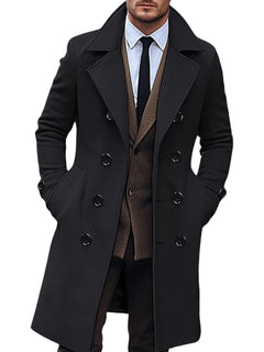 1pc Men's Casual Solid Color Tweed Pea Coat - Long Sleeve, Double Breasted, Polyester Knit Fabric, Lapel Collar, Button Closure, Non-Waterproof, Sports Style, Midi Length, Fall/Winter Outerwear