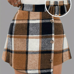 Elegant Women'S Plaid Mini Skirt, 100% Polyester Woven Fabric, with Elastic Back Design and Button Detail, for Fall/Winter