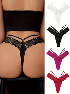 4PCS. Lace Patchwork Seamless Ice Silk Thong, Sexy, Comfortable, Breathable, Elastic Underwear, Women's Underwear, Women's Sexy Lingerie