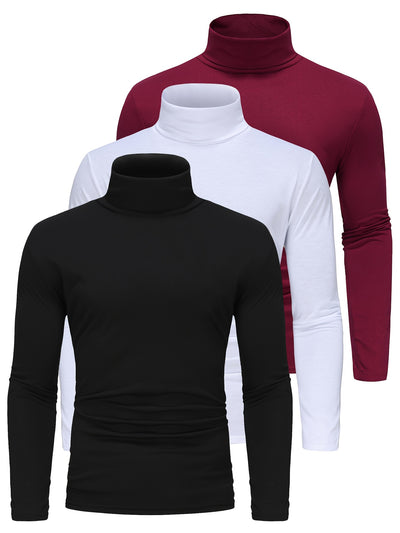 3-Pack Men'S High Neck Long Sleeve T-Shirts - Solid Color Stretch Knit Polyester Base Layer Shirts for Fall/Winter Warmth